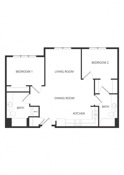 Floor plan for 2 beds, 2 baths, 987 sqft